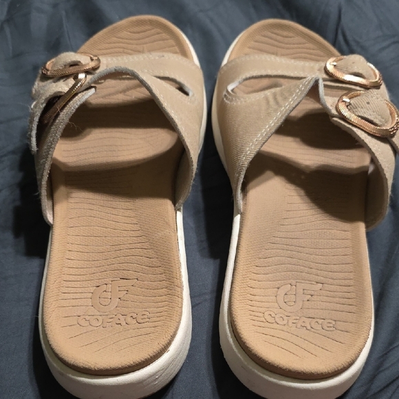 Shoes - Beige Slide Sandals with Decorative Buckles